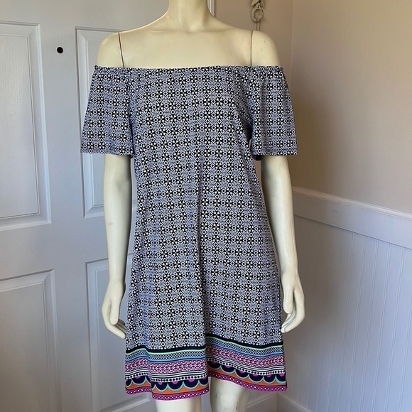JUDE Connally Blue & White Print Off The Shoulder Mini Shift Dress S - Picture 1 of 13